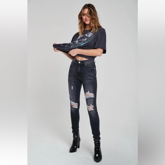 REVICE Denim - Revice | Black Skinny Leg High Rise Distressed Jeans Size 24 Black Dark Wash